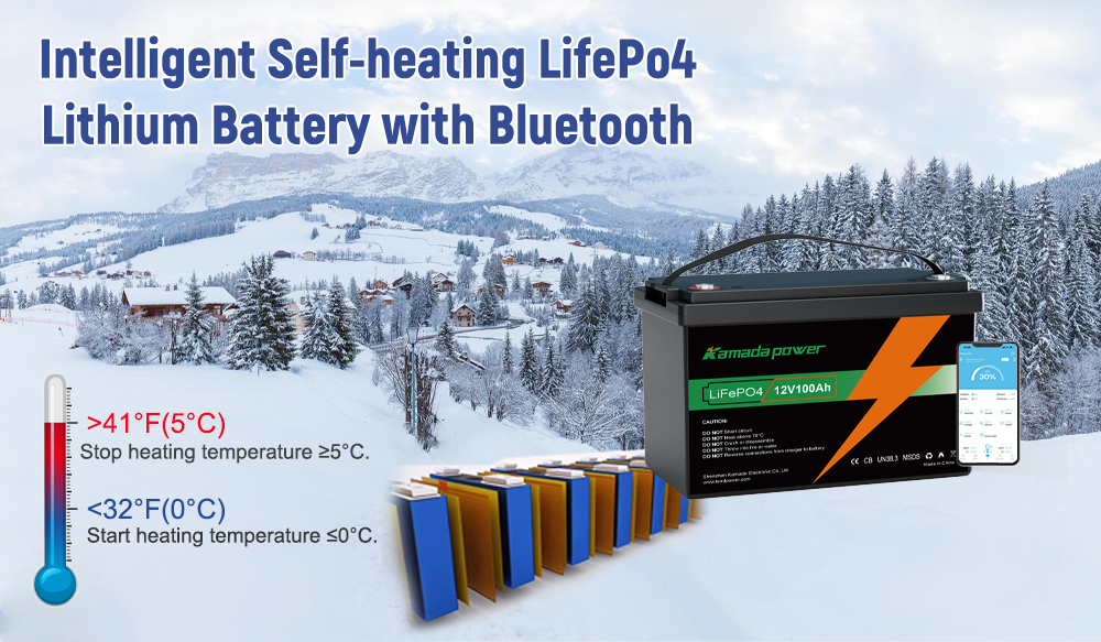 12V 100Ah LifePO4 batteri integreret selvopvarmende funktion og Bluetooth APP